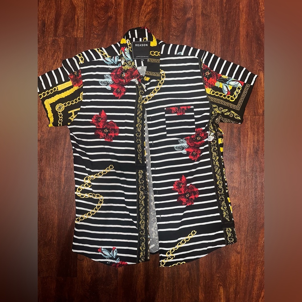 Reason Men's Black Striped Floral Shirt